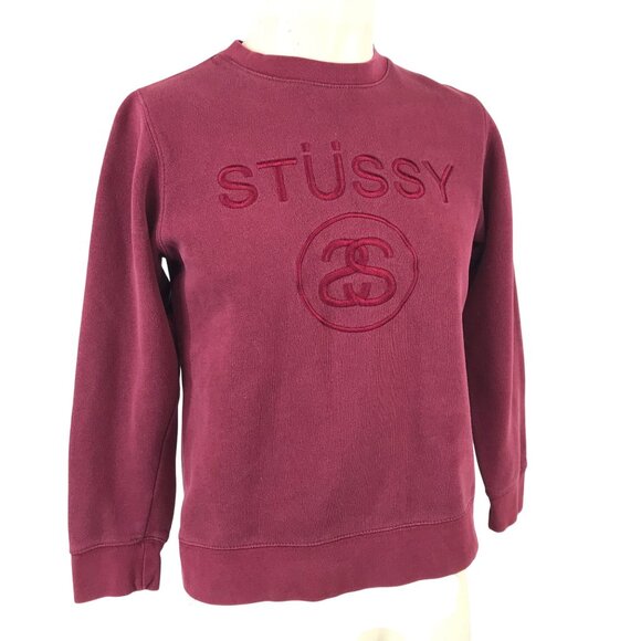 STUSSY - MEN'S SMALL -MAROON LONG SLEEVE CREW NECK COTTON BLEND SWEATSHIRT - Picture 1 of 8